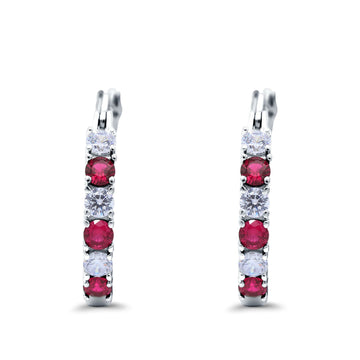 Half Eternity Huggie Hoop Earrings Round Simulated Ruby Cubic Zirconia 925 Sterling Silver (21mm)